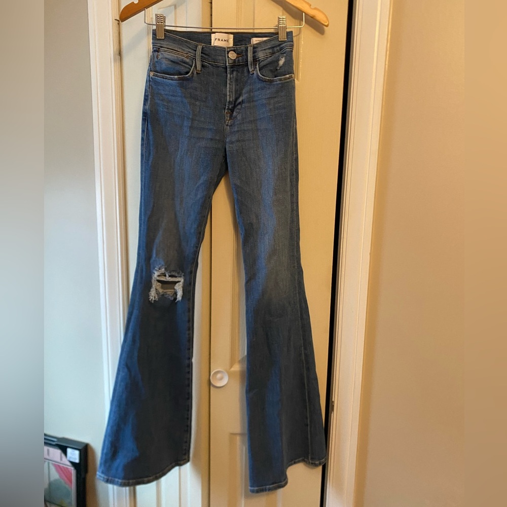 Frame Denim Women's Distressed Blue Wide Leg Jeans
